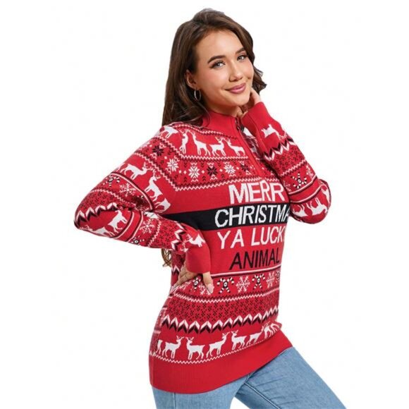 Women's Ugly Christmas Sweater Mock Turtleneck Zip Pullover - Picture 5 of 6